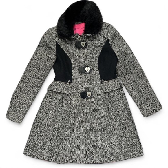 Betsey Johnson Jackets & Blazers - Betsey Johnson Herringbone Wool Peplum Faux Fur Heart Button Jacket Size 8 Glam